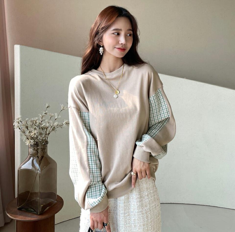 チェックスリーブスウェット・全3色・b61469 レディース 【tops】【韓国 ファッション トップス スウェット Tシャツ カットソー 長袖 チェック スリーブ ラウンドネック ルーズ ゆったり ゆとり シンプル デイリー ベーシック カジュアル カジュアル 秋 冬】