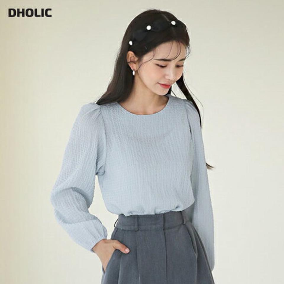 リンクルブラウス・全3色・t62849 レディース 【bl】【韓国 ファッション トップス ブラウス 長袖 ラウンドネック ギャザー 上品 ベーシック フェミニン カジュアル デイリー 無地 カジュアル 秋 冬】