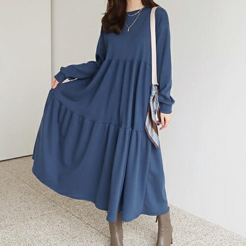 スウェットティアードワンピース・全3色・b66533 レディース 【ops】【ワンピース ロング ロングワンピース ティアード 長袖 スウェット 単色 無地 シンプル カジュアル 体型カバー 秋 冬 韓国 ファッション】【ハイホリHIHOLLI】