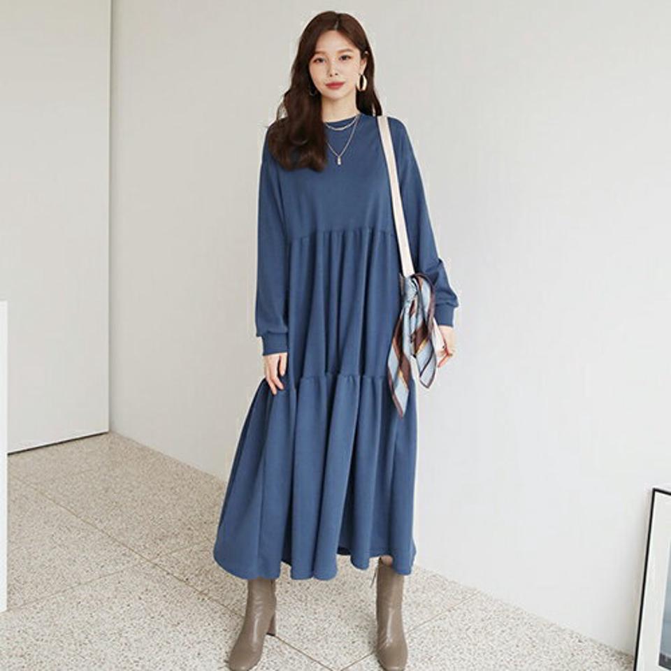 スウェットティアードワンピース・全3色・b66533 レディース 【ops】【ワンピース ロング ロングワンピース ティアード 長袖 スウェット 単色 無地 シンプル カジュアル 体型カバー 秋 冬 韓国 ファッション】【ハイホリHIHOLLI】