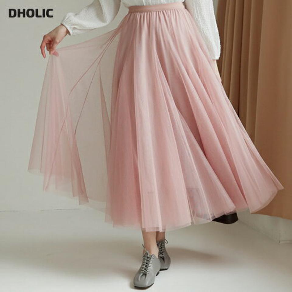 チュールスカート・全4色・62855 レディース 【sk】【韓国 ファッション ボトムス スカート ロング ウエストゴム チュールス ボリューミー 上品 フェミニン シンプル スリム 体型カーバー 細身 ベーシック デイリー カジュアル 秋 冬】