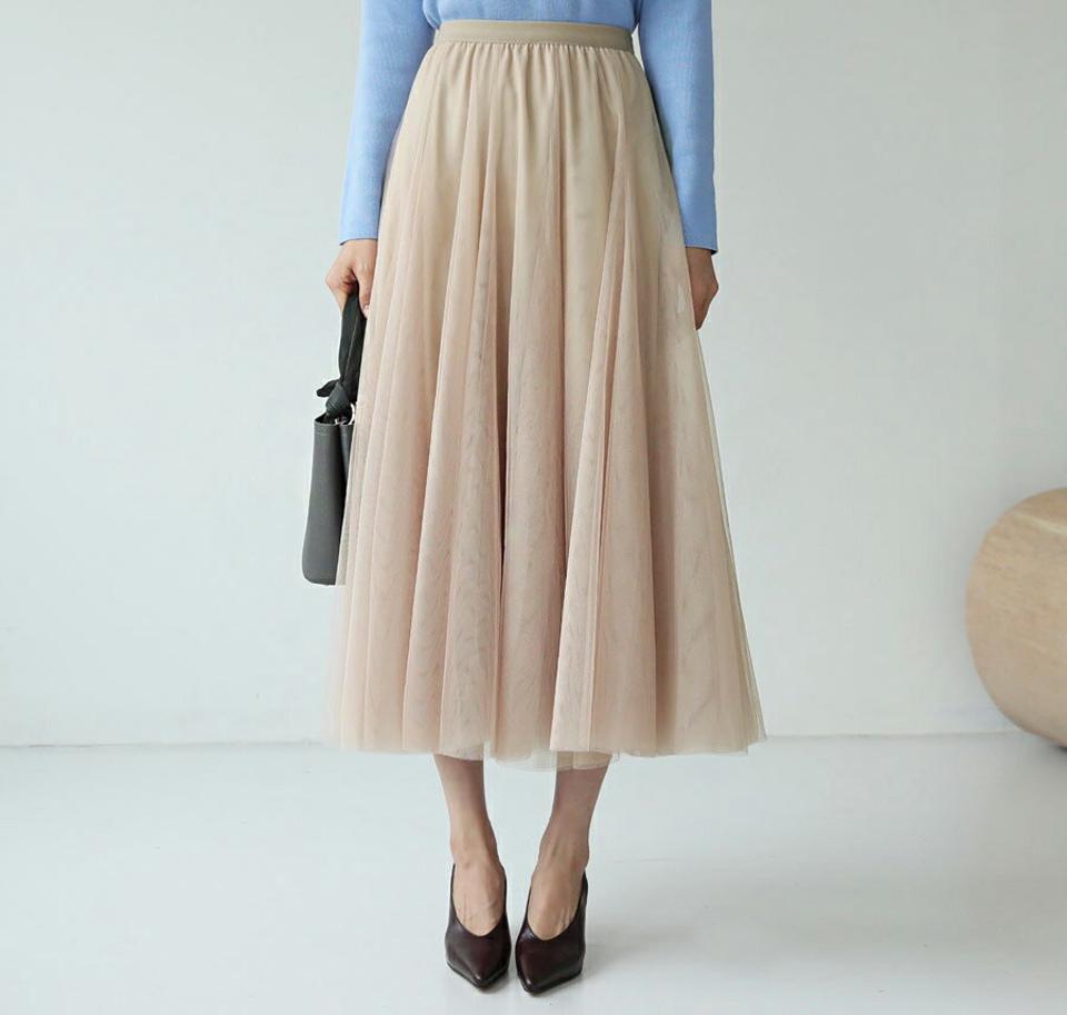 チュールスカート・全4色・62855 レディース 【sk】【韓国 ファッション ボトムス スカート ロング ウエストゴム チュールス ボリューミー 上品 フェミニン シンプル スリム 体型カーバー 細身 ベーシック デイリー カジュアル 秋 冬】