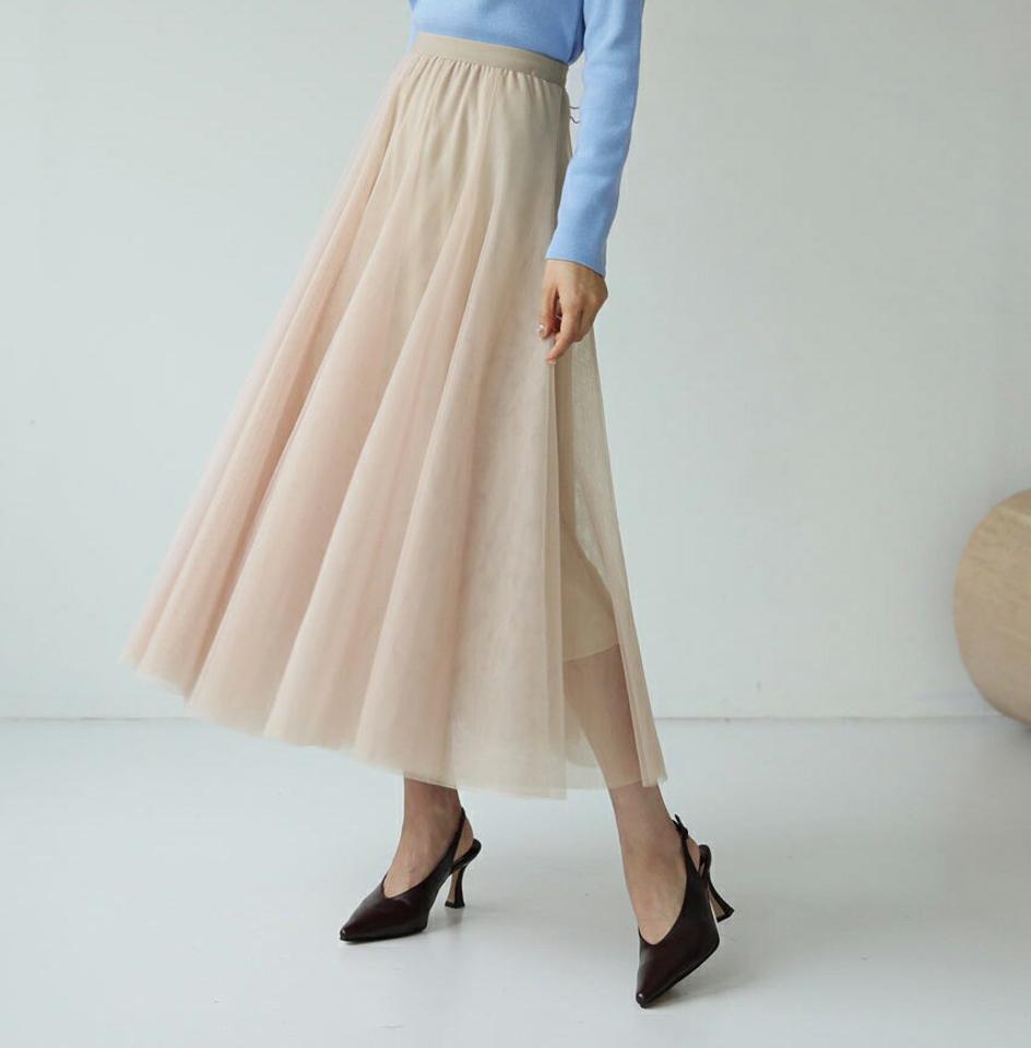 チュールスカート・全4色・62855 レディース 【sk】【韓国 ファッション ボトムス スカート ロング ウエストゴム チュールス ボリューミー 上品 フェミニン シンプル スリム 体型カーバー 細身 ベーシック デイリー カジュアル 秋 冬】
