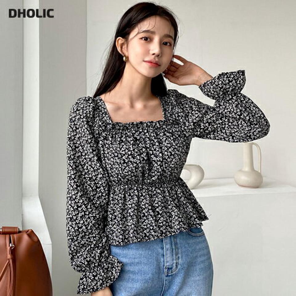 スクエアネック花柄ブラウス・全3色・t62866 レディース 【bl】【韓国 ファッション トップス ブラウス 長袖 スクエアネック デコルテ ゴムディテール クロップド丈 ボリューム 上品 ベーシック フェミニン カジュアル デイリー カジュアル 秋 冬】【fw】