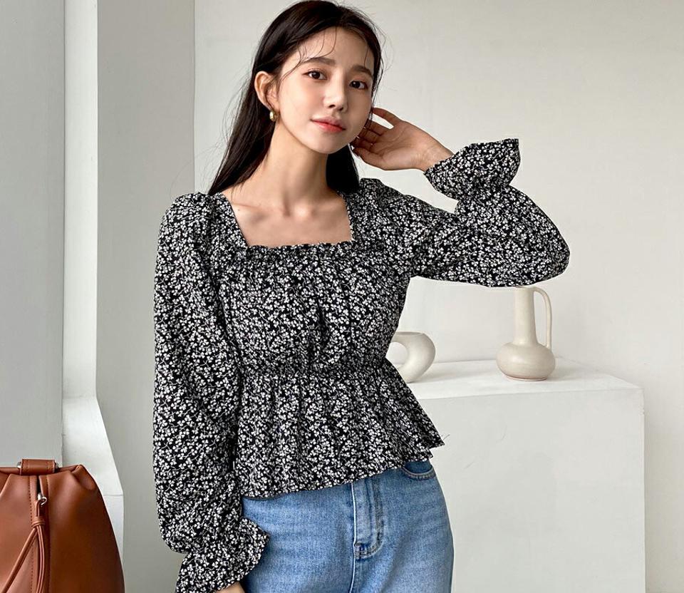 スクエアネック花柄ブラウス・全3色・t62866 レディース 【bl】【韓国 ファッション トップス ブラウス 長袖 スクエアネック デコルテ ゴムディテール クロップド丈 ボリューム 上品 ベーシック フェミニン カジュアル デイリー カジュアル 秋 冬】【fw】