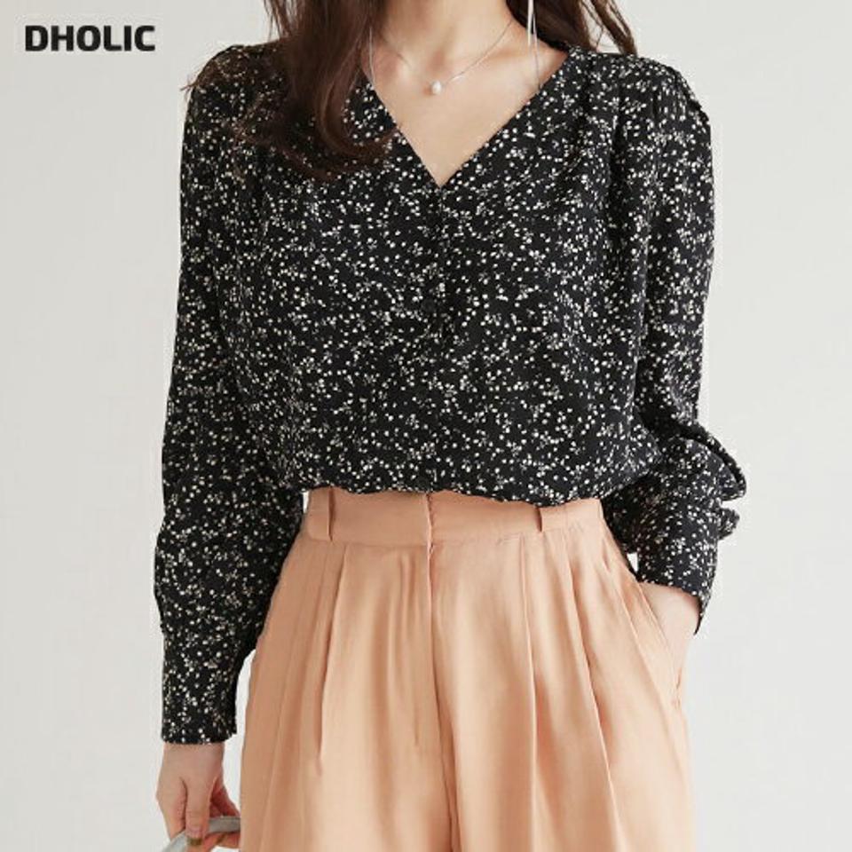 パターンVネックブラウス・全2色・t66531 レディース 【bl】【トップス ブラウス 長袖 Vネック 総柄 シック 華やか デコルテ 上品 秋 冬 韓国 ファッション】【ハイホリHIHOLLI】