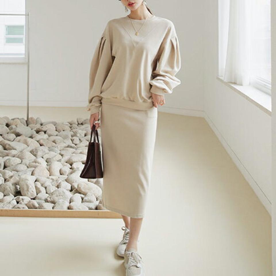 スウェット&スカートSET・全3色・b66528 レディース 【ops】【セットアップ setup トップス 長袖 スウェット トレーナー スカート ロングスカート ロング 単色 無地 シンプル カジュアル ラフ 秋 冬 韓国 ファッション】【ハイホリHIHOLLI】