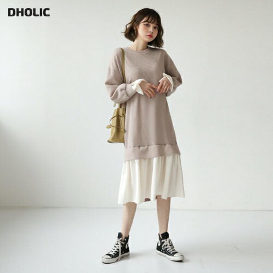 配色へムリブワンピース・全3色・t62873 レディース 【ops】【韓国 ファッション ワンピース ロング ロングワンピース 長袖 ラウンドネック 配色 リブ レイヤード風 体型カバー フェミニン 上品 ベーシック シンプル 異素材 カジュアル 秋 冬】