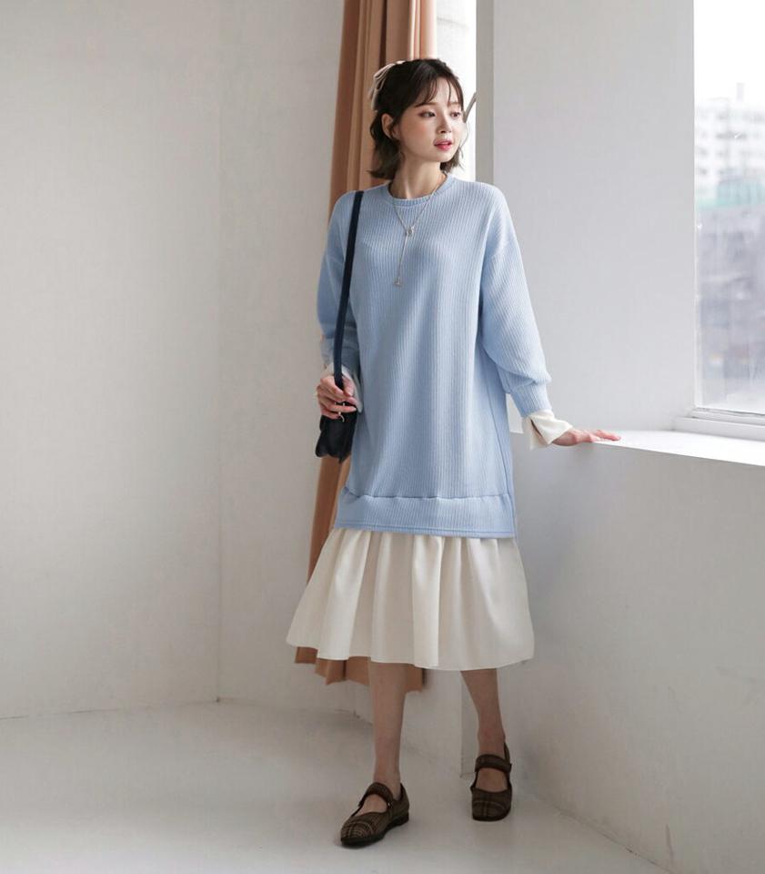 配色へムリブワンピース・全3色・t62873 レディース 【ops】【韓国 ファッション ワンピース ロング ロングワンピース 長袖 ラウンドネック 配色 リブ レイヤード風 体型カバー フェミニン 上品 ベーシック シンプル 異素材 カジュアル 秋 冬】