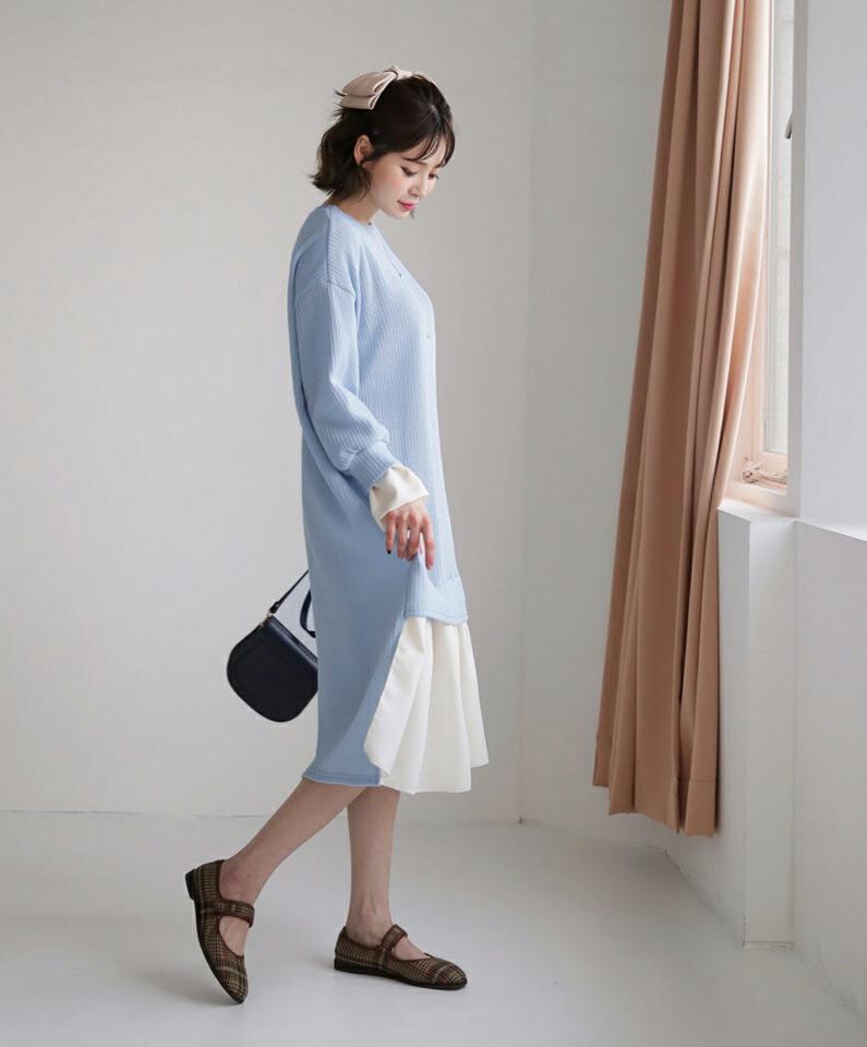 配色へムリブワンピース・全3色・t62873 レディース 【ops】【韓国 ファッション ワンピース ロング ロングワンピース 長袖 ラウンドネック 配色 リブ レイヤード風 体型カバー フェミニン 上品 ベーシック シンプル 異素材 カジュアル 秋 冬】