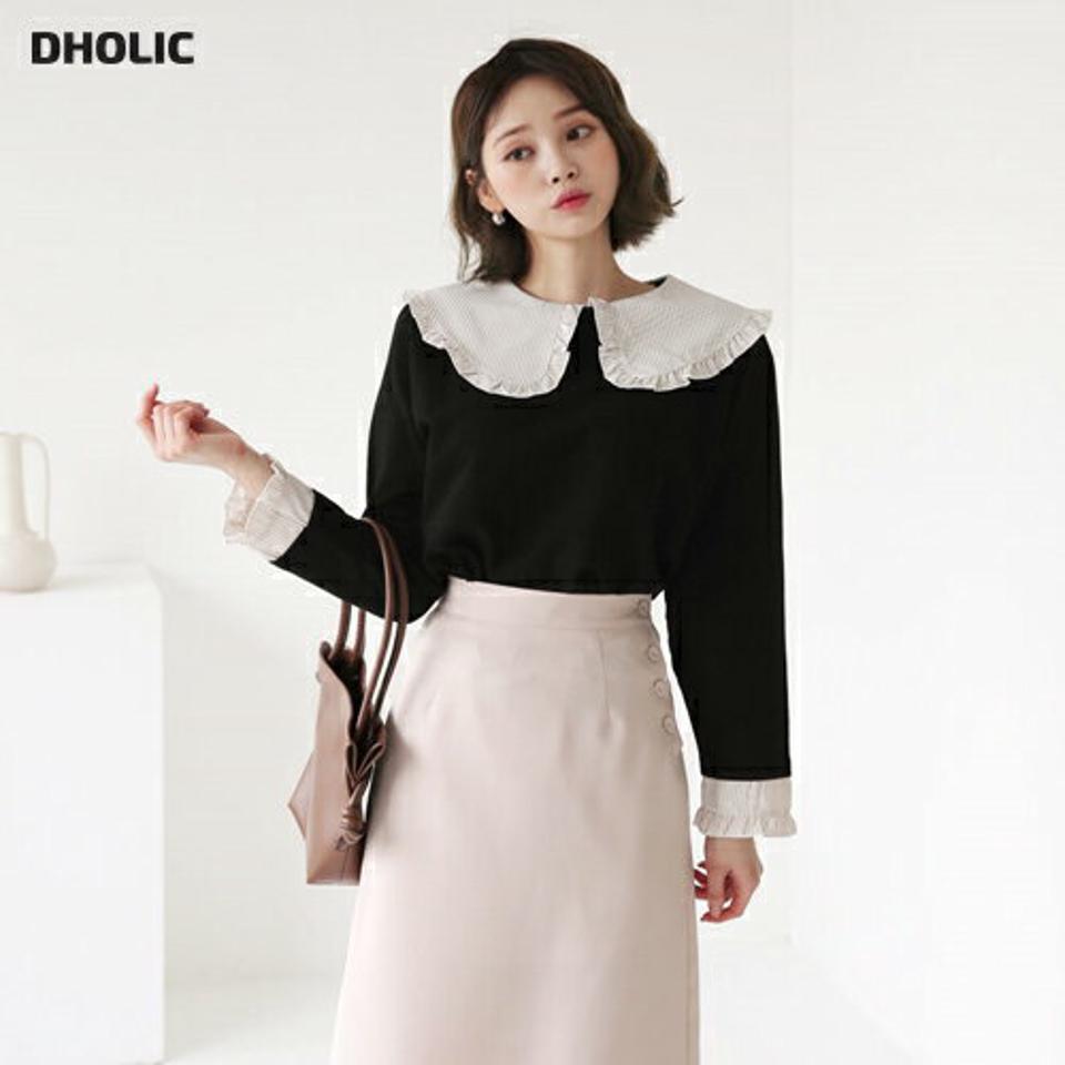 ストライプフリルカラーTシャツ・全2色・b62814 レディース 【tops】【韓国 ファッション トップス Tシャツ カットソー 長袖 ストライプ パターン フリルカラー バックボタン 体型カーバー フェミニン シンプル ベーシック カジュアル カジュアル 秋 冬】