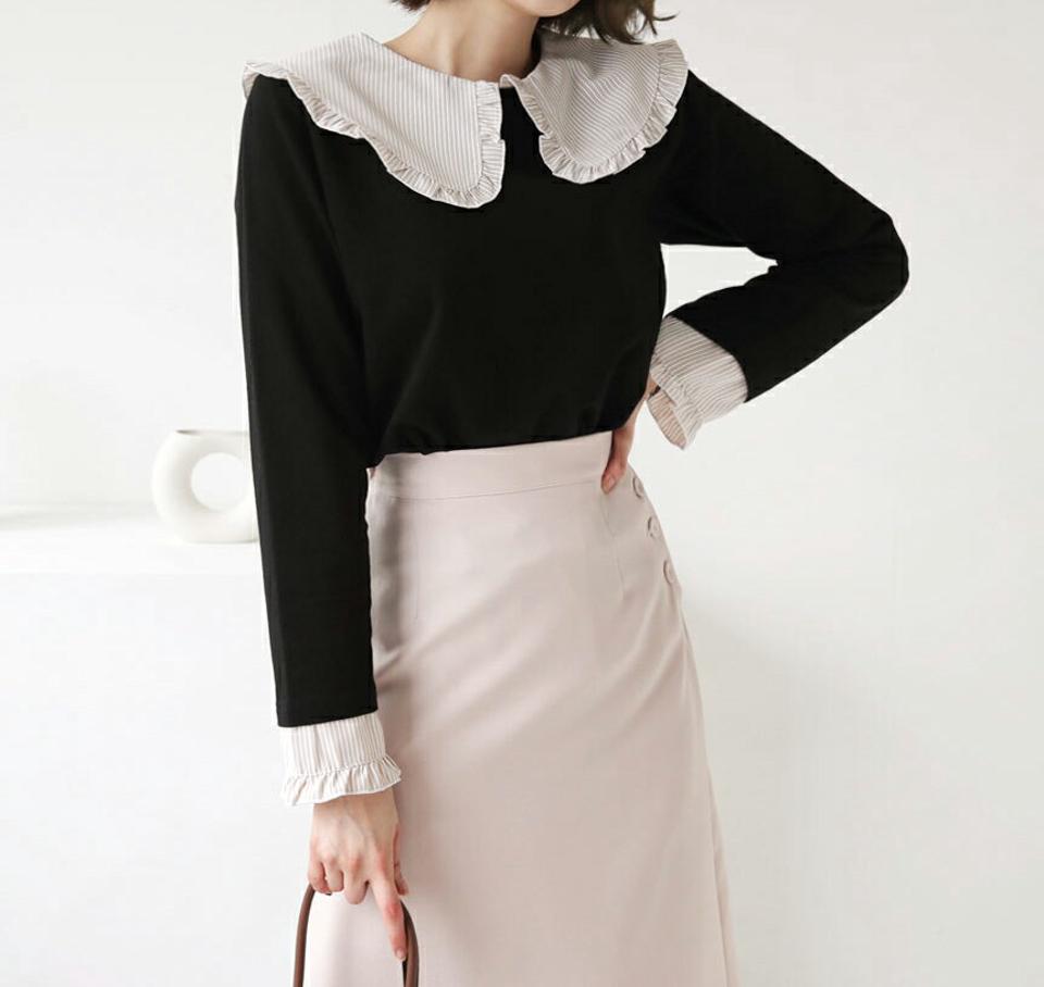 ストライプフリルカラーTシャツ・全2色・b62814 レディース 【tops】【韓国 ファッション トップス Tシャツ カットソー 長袖 ストライプ パターン フリルカラー バックボタン 体型カーバー フェミニン シンプル ベーシック カジュアル カジュアル 秋 冬】