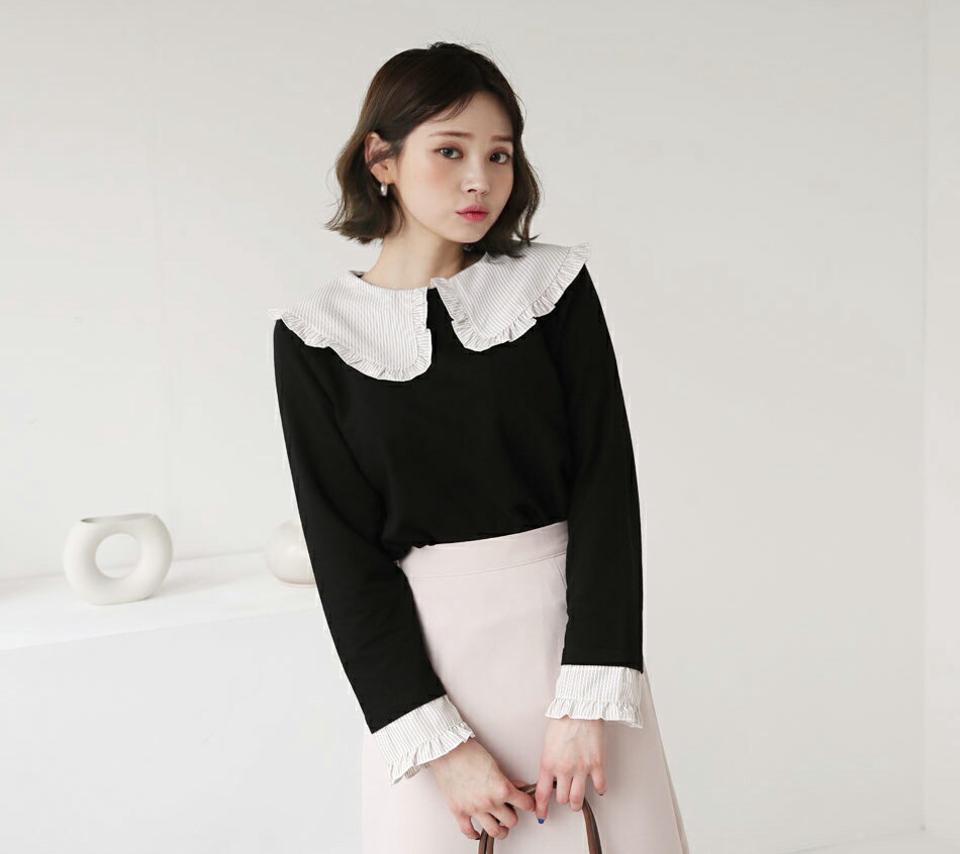 ストライプフリルカラーTシャツ・全2色・b62814 レディース 【tops】【韓国 ファッション トップス Tシャツ カットソー 長袖 ストライプ パターン フリルカラー バックボタン 体型カーバー フェミニン シンプル ベーシック カジュアル カジュアル 秋 冬】