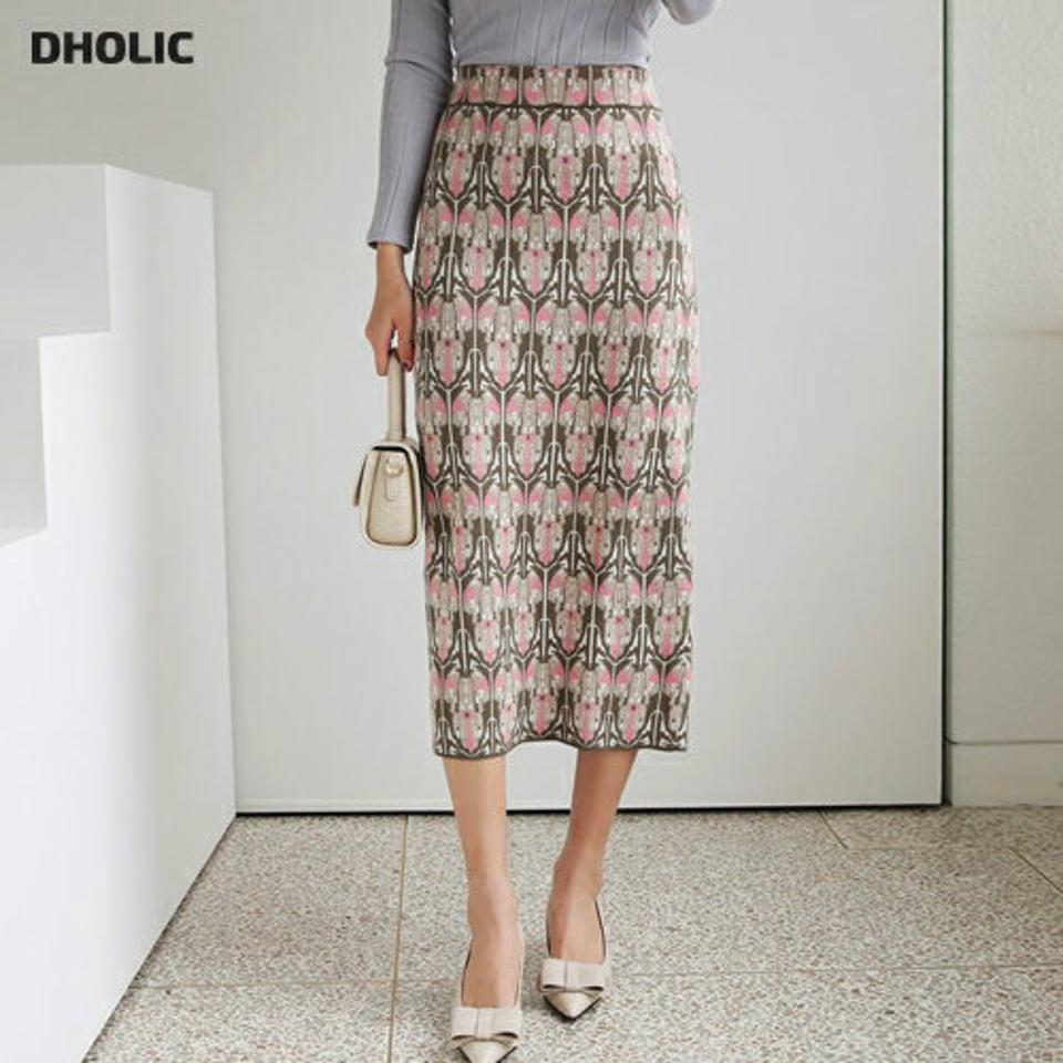 パターンニットスカート・全2色・b66544 レディース 【sk】【スカート ミディ丈 ミディスカート ニット ニットスカート 総柄 Hライン ウエストゴム 上品 スリット 秋 冬 韓国 ファッション】【ハイホリHIHOLLI】