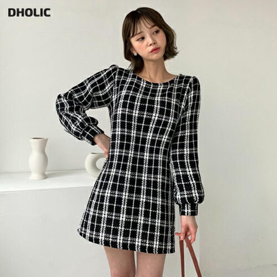 ベルト付ツイードミニワンピース・全2色・t62786 レディース 【ops】【韓国 ファッション ワンピース ミニ ミニワンピース 長袖 ラウンドネック ツイード ウエストベルト 上品 体型カバー フェミニン 上品 ベーシック シンプル カジュアル 秋 冬】