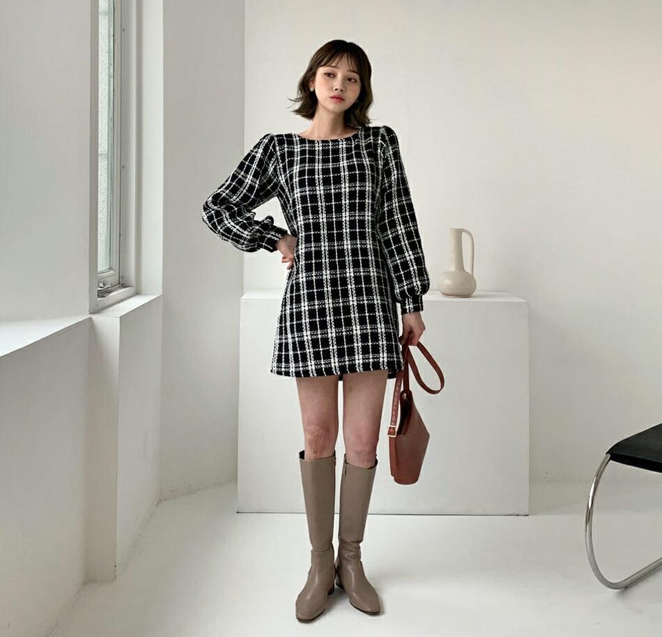 ベルト付ツイードミニワンピース・全2色・t62786 レディース 【ops】【韓国 ファッション ワンピース ミニ ミニワンピース 長袖 ラウンドネック ツイード ウエストベルト 上品 体型カバー フェミニン 上品 ベーシック シンプル カジュアル 秋 冬】