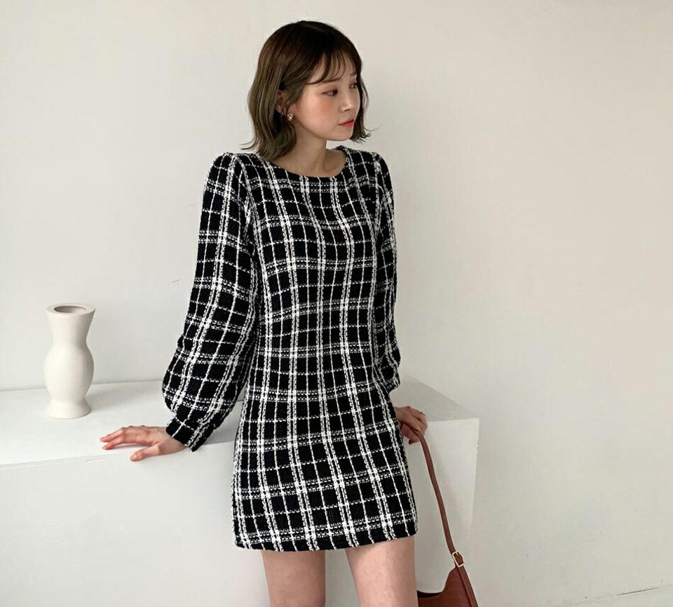 ベルト付ツイードミニワンピース・全2色・t62786 レディース 【ops】【韓国 ファッション ワンピース ミニ ミニワンピース 長袖 ラウンドネック ツイード ウエストベルト 上品 体型カバー フェミニン 上品 ベーシック シンプル カジュアル 秋 冬】