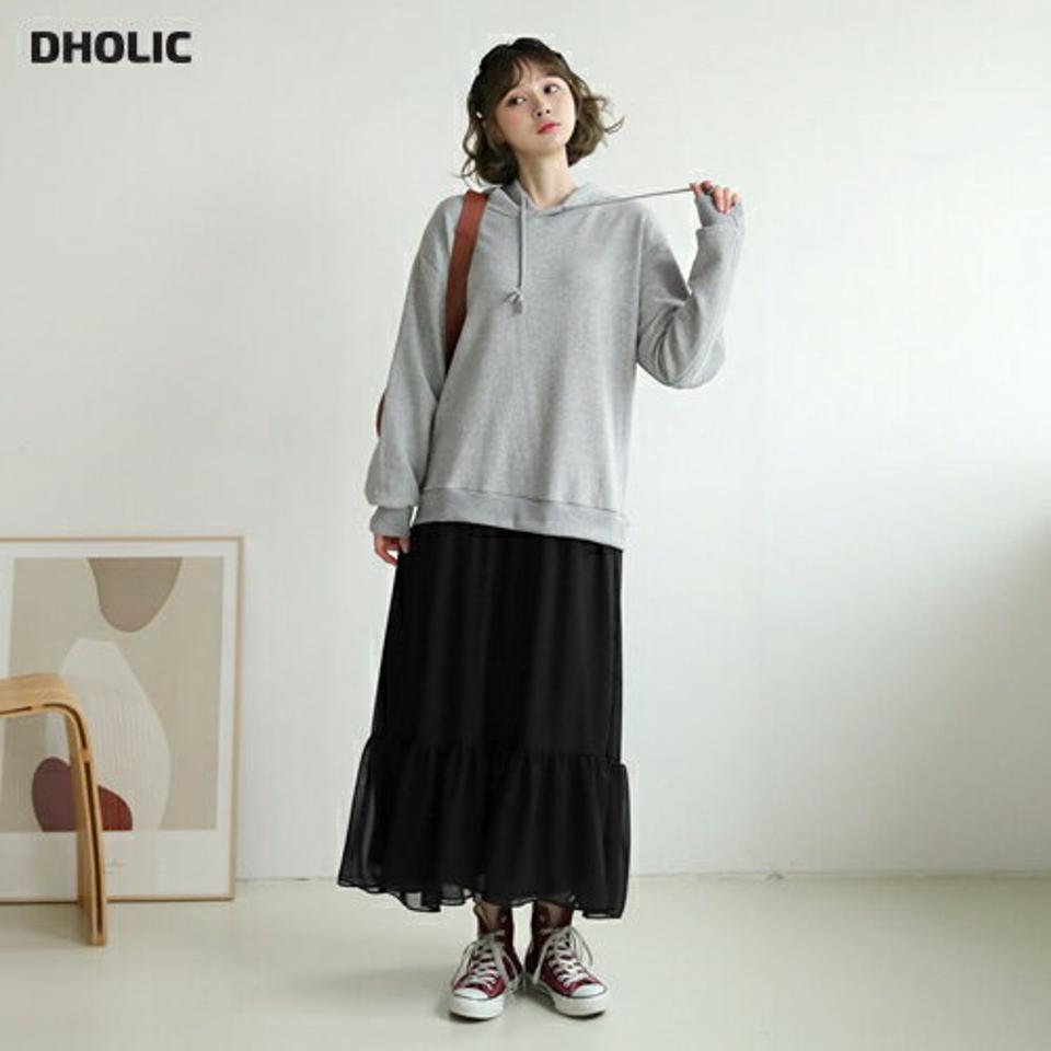 シフォンへムフードワンピース・全2色・t62863 レディース 【ops】【韓国 ファッション ワンピース ロング ロングワンピース 長袖 ストリング カジュアル フリル シフォン 体型カバー フェミニン 上品 ベーシック シンプル カジュアル 秋 冬】