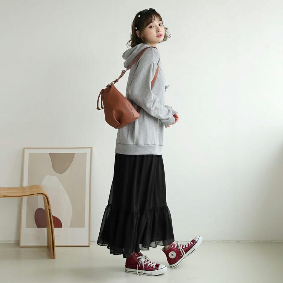 シフォンへムフードワンピース・全2色・t62863 レディース 【ops】【韓国 ファッション ワンピース ロング ロングワンピース 長袖 ストリング カジュアル フリル シフォン 体型カバー フェミニン 上品 ベーシック シンプル カジュアル 秋 冬】