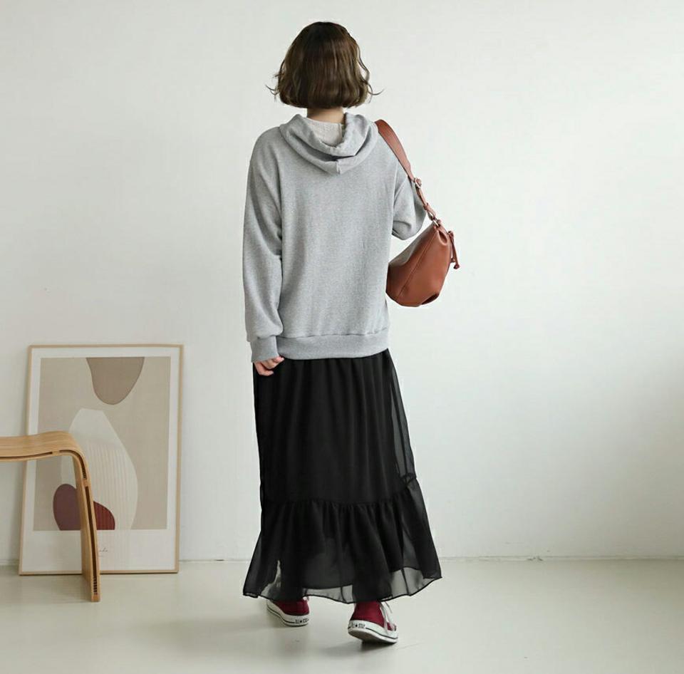 シフォンへムフードワンピース・全2色・t62863 レディース 【ops】【韓国 ファッション ワンピース ロング ロングワンピース 長袖 ストリング カジュアル フリル シフォン 体型カバー フェミニン 上品 ベーシック シンプル カジュアル 秋 冬】