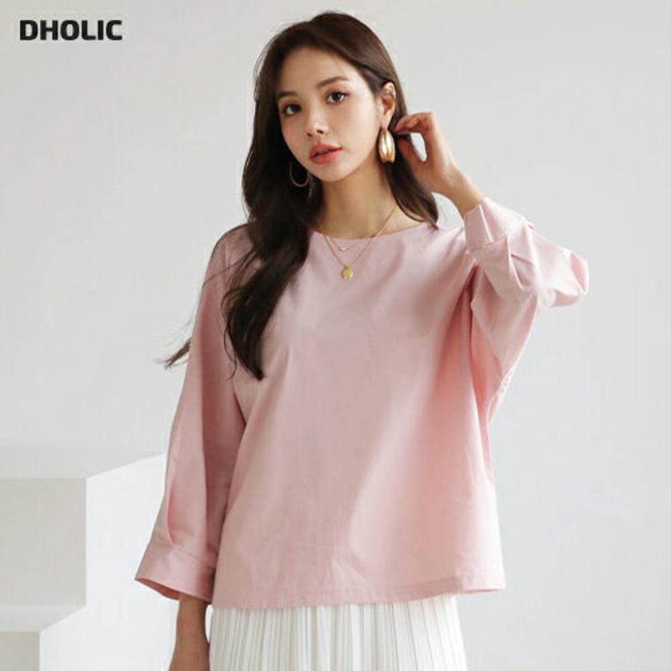 タックスリーブブラウス・全3色・t66464 レディース 【bl】【トップス ブラウス タック 単色 無地 シンプル ベーシック コットン 綿 ゆったり ラウンドネック 七分丈 7分丈 大人 秋 冬 韓国 ファッション】【ハイホリHIHOLLI】