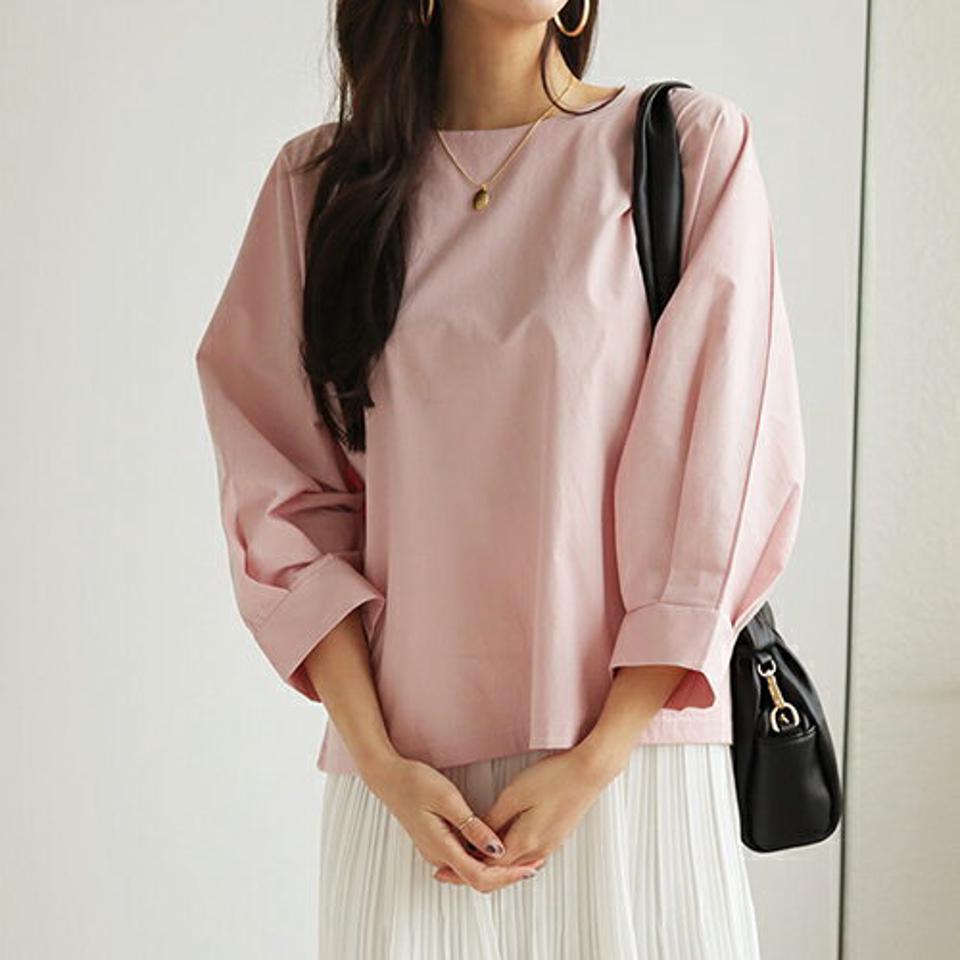 タックスリーブブラウス・全3色・t66464 レディース 【bl】【トップス ブラウス タック 単色 無地 シンプル ベーシック コットン 綿 ゆったり ラウンドネック 七分丈 7分丈 大人 秋 冬 韓国 ファッション】【ハイホリHIHOLLI】