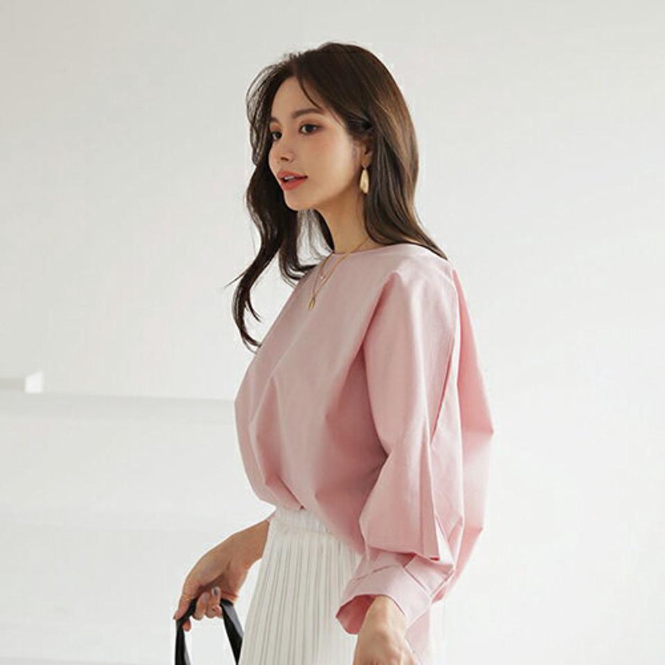 タックスリーブブラウス・全3色・t66464 レディース 【bl】【トップス ブラウス タック 単色 無地 シンプル ベーシック コットン 綿 ゆったり ラウンドネック 七分丈 7分丈 大人 秋 冬 韓国 ファッション】【ハイホリHIHOLLI】