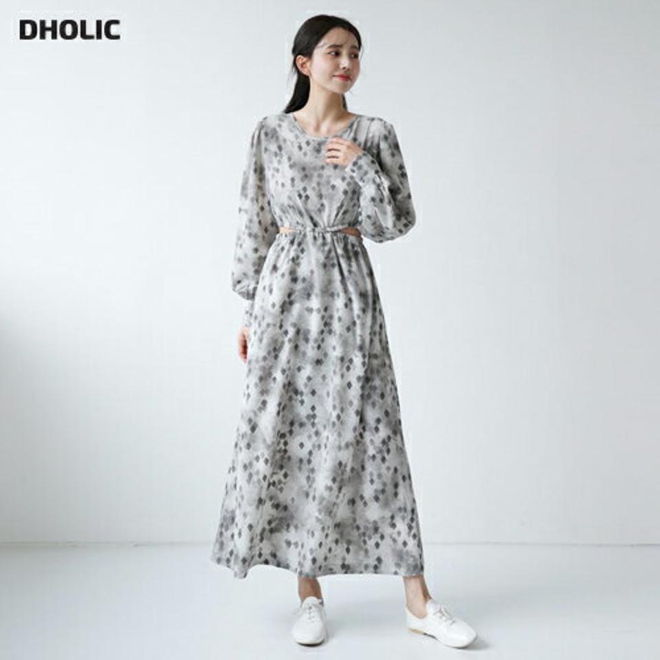 ダイヤパターンスリットワンピース・全2色・t62861 レディース 【ops】【韓国 ファッション ワンピース ロング ロングワンピース 長袖 ラウンドネック ウエストゴム サイドカット ダイヤ柄 体型カバー フェミニン 上品 ベーシック シンプル カジュアル 秋 冬】