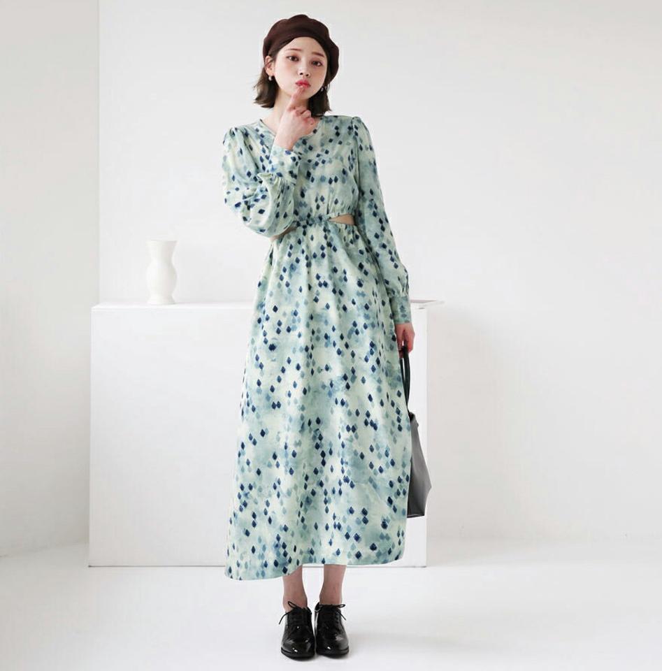 ダイヤパターンスリットワンピース・全2色・t62861 レディース 【ops】【韓国 ファッション ワンピース ロング ロングワンピース 長袖 ラウンドネック ウエストゴム サイドカット ダイヤ柄 体型カバー フェミニン 上品 ベーシック シンプル カジュアル 秋 冬】