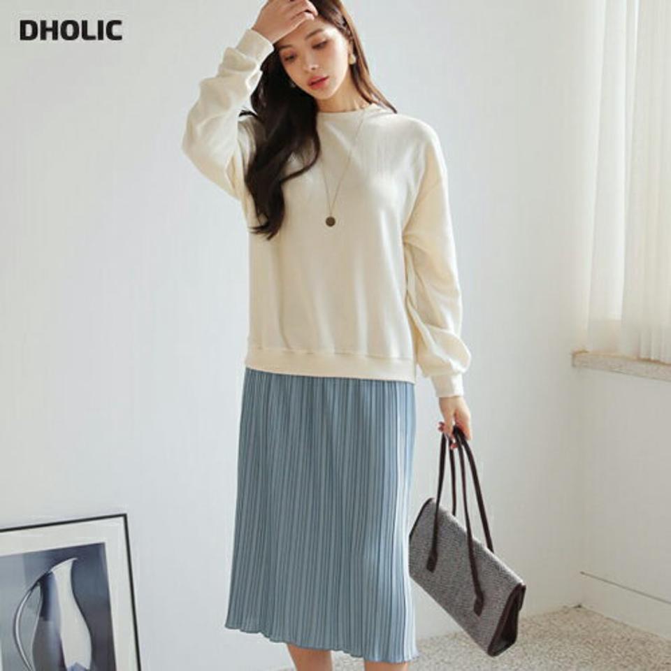 配色プリーツワンピース・全3色・b66475 レディース 【ops】【ワンピース ミディ丈 ミディワンピース プリーツ プリーツワンピース 長袖 配色 可愛い かわいい 体型カバー 秋 冬 韓国 ファッション】【ハイホリHIHOLLI】