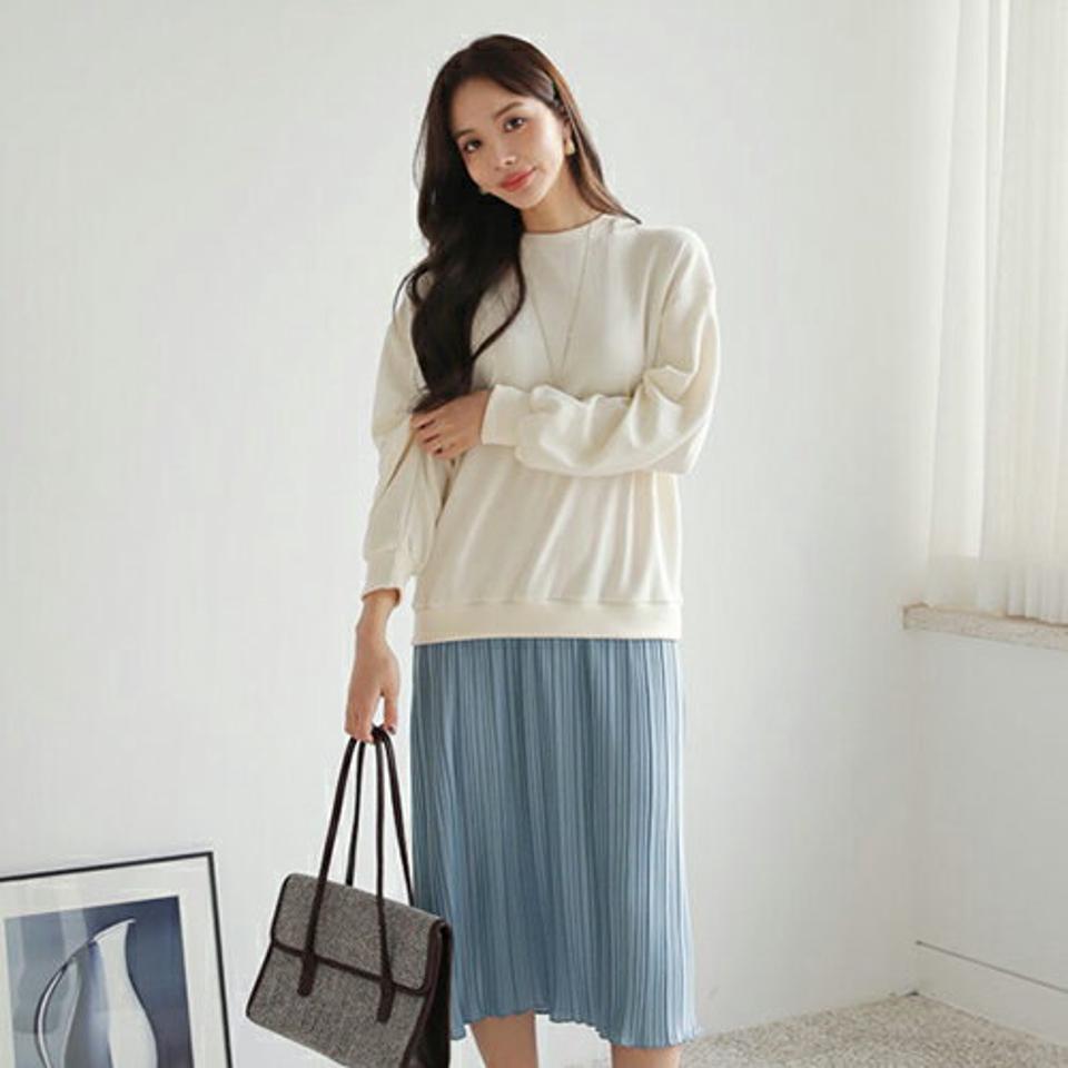 配色プリーツワンピース・全3色・b66475 レディース 【ops】【ワンピース ミディ丈 ミディワンピース プリーツ プリーツワンピース 長袖 配色 可愛い かわいい 体型カバー 秋 冬 韓国 ファッション】【ハイホリHIHOLLI】