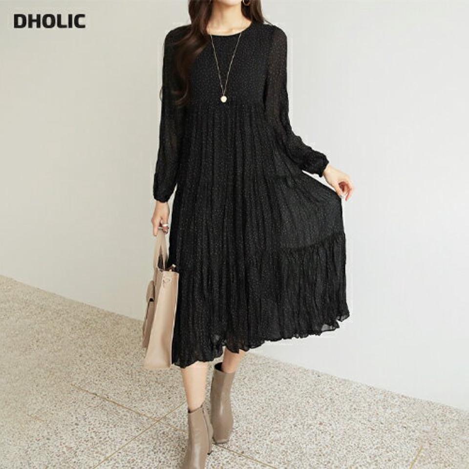 【只今10%OFF】ドットティアードワンピース・全2色・t66467 レディース 【ops】【ワンピース ロング ロングワンピース ドット柄 ティアード 長袖 フェミニン リンクル 可愛い かわいい 秋 冬 韓国 ファッション】【ハイホリHIHOLLI】