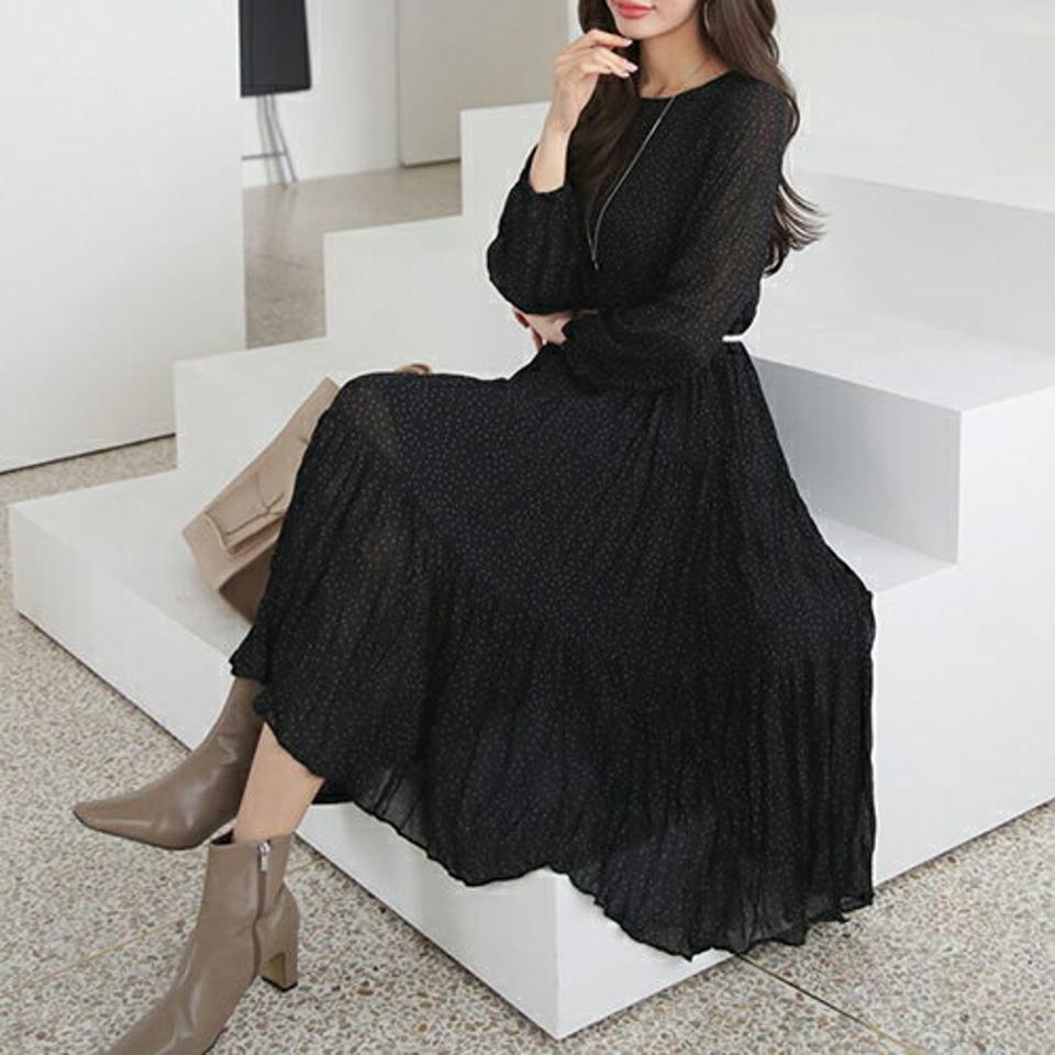 【只今10%OFF】ドットティアードワンピース・全2色・t66467 レディース 【ops】【ワンピース ロング ロングワンピース ドット柄 ティアード 長袖 フェミニン リンクル 可愛い かわいい 秋 冬 韓国 ファッション】【ハイホリHIHOLLI】