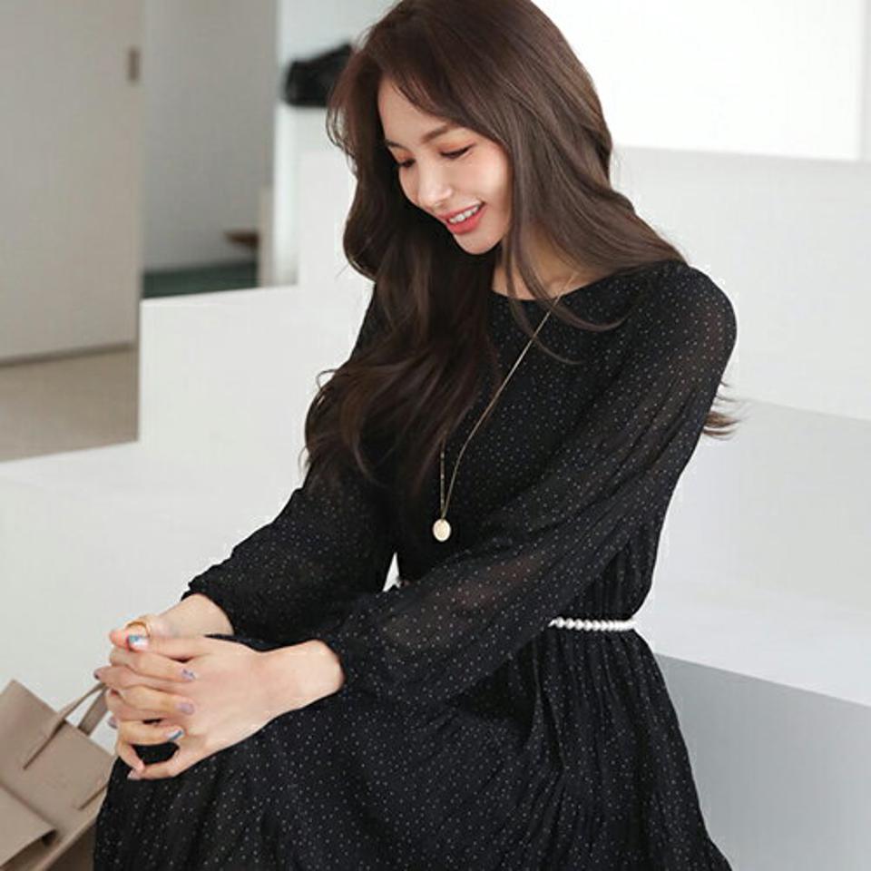 【只今10%OFF】ドットティアードワンピース・全2色・t66467 レディース 【ops】【ワンピース ロング ロングワンピース ドット柄 ティアード 長袖 フェミニン リンクル 可愛い かわいい 秋 冬 韓国 ファッション】【ハイホリHIHOLLI】