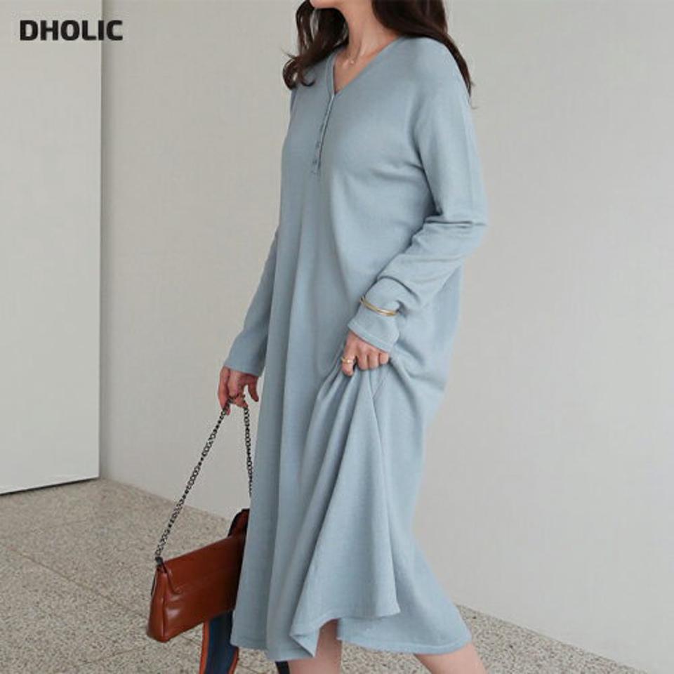 Vネックボタンワンピース・全3色・t66532 レディース 【ops】【ワンピース ロング ロングワンピース 長袖 Vネック 単色 無地 シンプル 大人 カジュアル ニット ニットワンピース 秋 冬 韓国 ファッション】【ハイホリHIHOLLI】