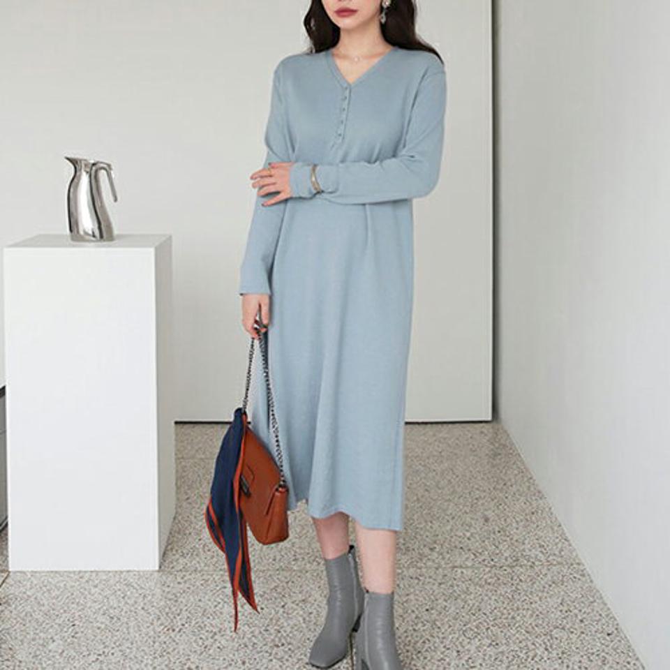 Vネックボタンワンピース・全3色・t66532 レディース 【ops】【ワンピース ロング ロングワンピース 長袖 Vネック 単色 無地 シンプル 大人 カジュアル ニット ニットワンピース 秋 冬 韓国 ファッション】【ハイホリHIHOLLI】