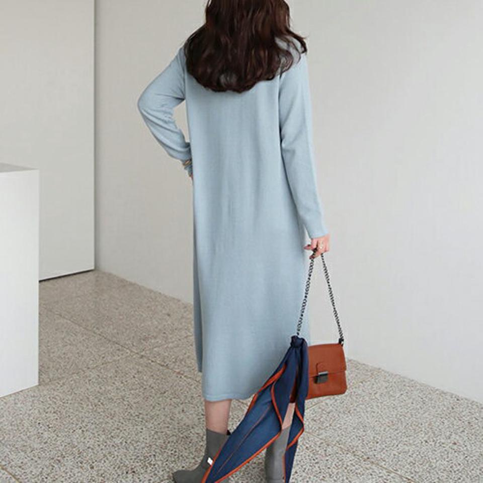 Vネックボタンワンピース・全3色・t66532 レディース 【ops】【ワンピース ロング ロングワンピース 長袖 Vネック 単色 無地 シンプル 大人 カジュアル ニット ニットワンピース 秋 冬 韓国 ファッション】【ハイホリHIHOLLI】