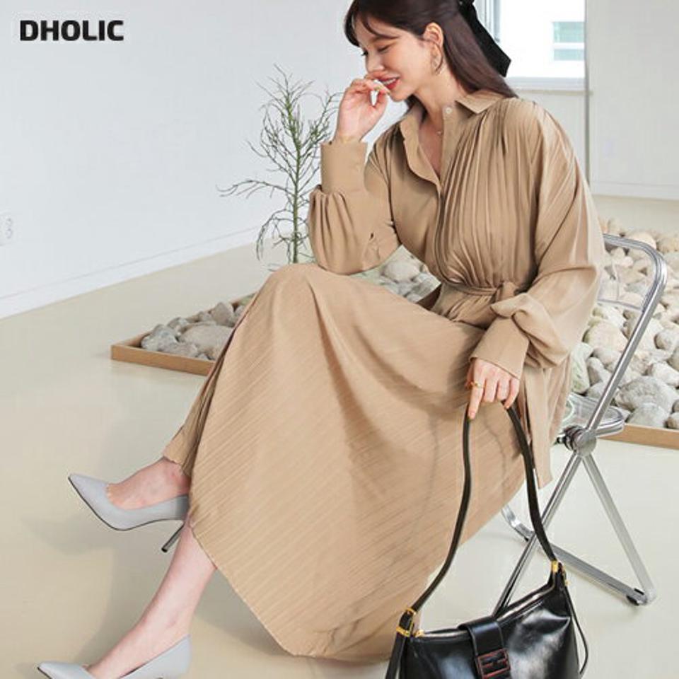 ストラップ付ハーフプリーツワンピース・全5色・b66468 レディース 【ops】【ワンピース ロング ロングワンピース 長袖 プリーツ プリーツワンピース ストラップ 上品 フェミニン パステル 秋 冬 韓国 ファッション】【ハイホリHIHOLLI】