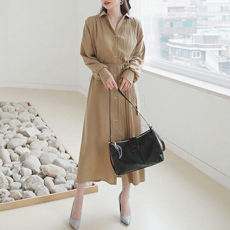 ストラップ付ハーフプリーツワンピース・全5色・b66468 レディース 【ops】【ワンピース ロング ロングワンピース 長袖 プリーツ プリーツワンピース ストラップ 上品 フェミニン パステル 秋 冬 韓国 ファッション】【ハイホリHIHOLLI】