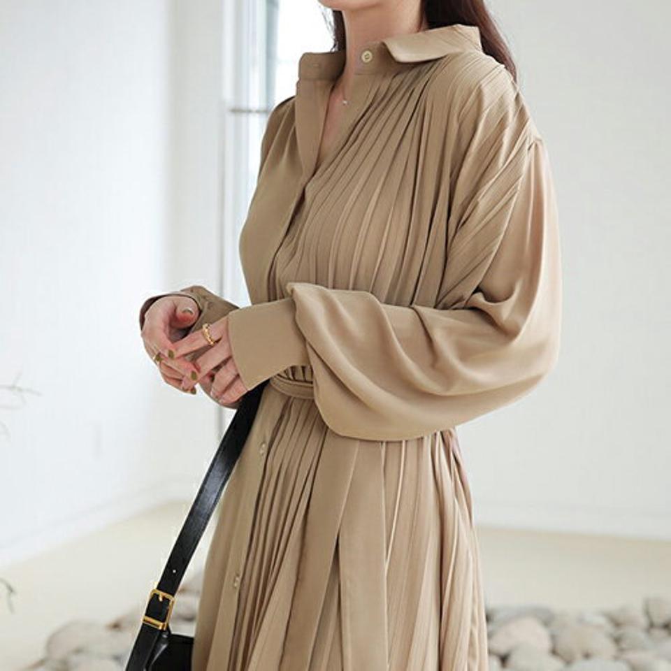 ストラップ付ハーフプリーツワンピース・全5色・b66468 レディース 【ops】【ワンピース ロング ロングワンピース 長袖 プリーツ プリーツワンピース ストラップ 上品 フェミニン パステル 秋 冬 韓国 ファッション】【ハイホリHIHOLLI】