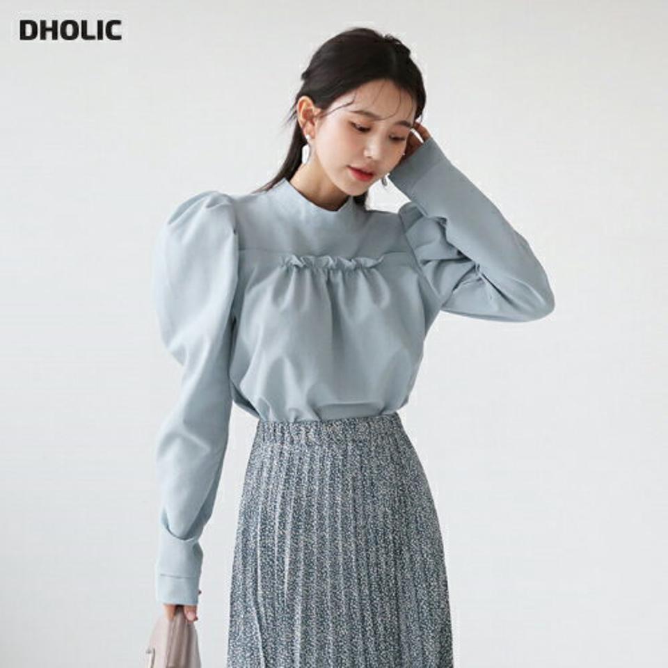 フリルパフブラウス・全3色・t62868 レディース 【bl】【韓国 ファッション トップス ブラウス 長袖 ハーフネック ハイネック パフスリーブ ボリューム 上品 ベーシック フェミニン カジュアル デイリー カジュアル 秋 冬】