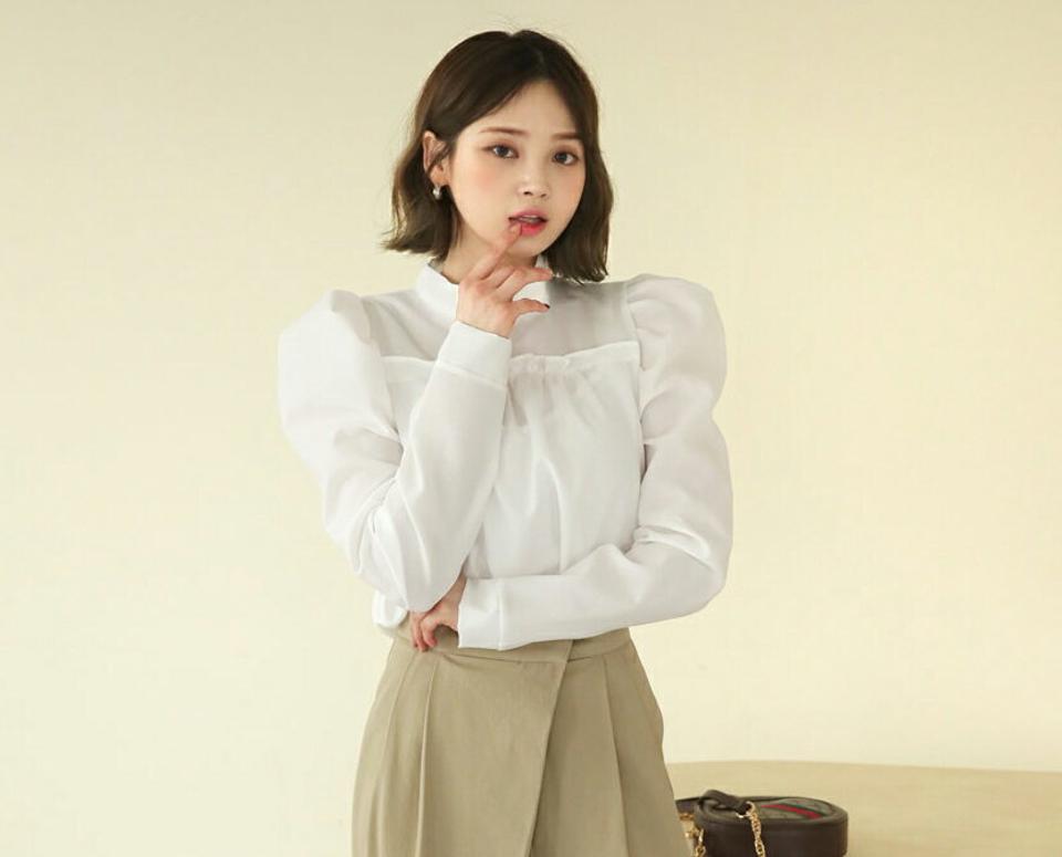フリルパフブラウス・全3色・t62868 レディース 【bl】【韓国 ファッション トップス ブラウス 長袖 ハーフネック ハイネック パフスリーブ ボリューム 上品 ベーシック フェミニン カジュアル デイリー カジュアル 秋 冬】