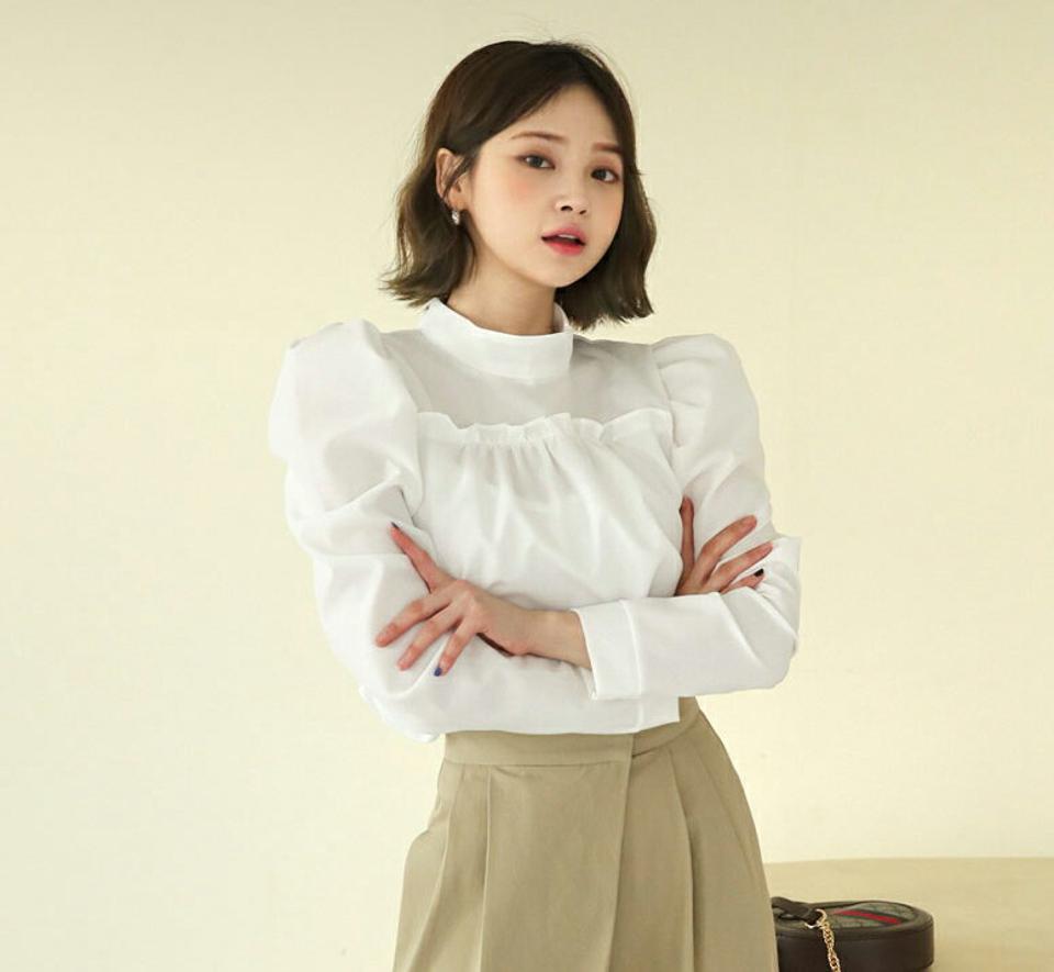 フリルパフブラウス・全3色・t62868 レディース 【bl】【韓国 ファッション トップス ブラウス 長袖 ハーフネック ハイネック パフスリーブ ボリューム 上品 ベーシック フェミニン カジュアル デイリー カジュアル 秋 冬】