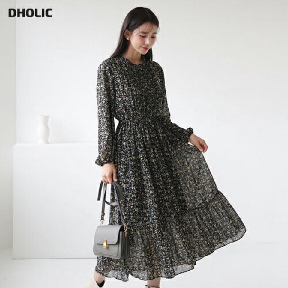 花柄ピンタックワンピース・全2色・b62870 レディース 【ops】【韓国 ファッション ワンピース ロング ロングワンピース 長袖 フリルネック 花柄 フラワー 体型カバー フェミニン 上品 ベーシック シンプル カジュアル 秋 冬】