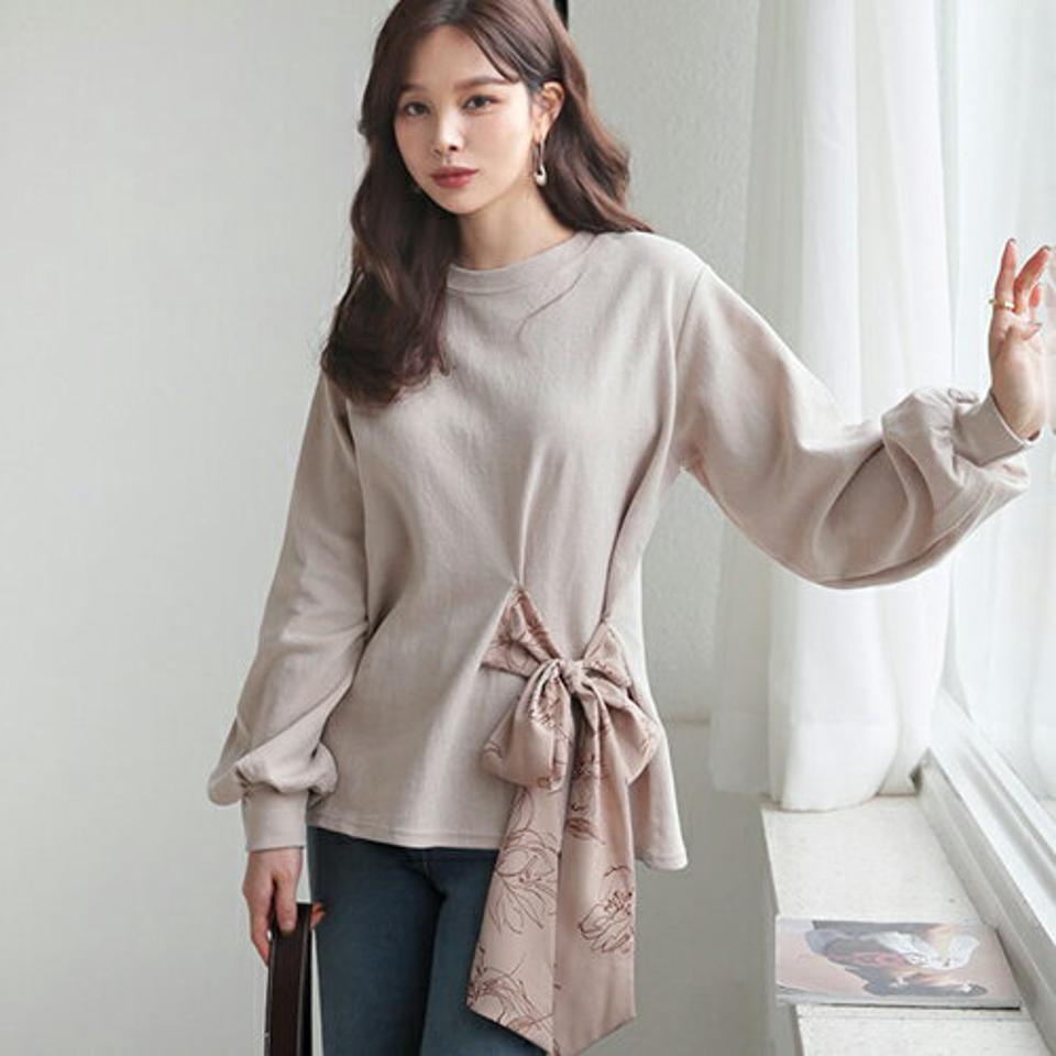 パターンリボンTシャツ・全2色・b66466 レディース 【tops】【トップス Tシャツ 長袖 リボン りぼん フェミニン 可愛い かわいい 秋 冬 韓国 ファッション】【ハイホリHIHOLLI】