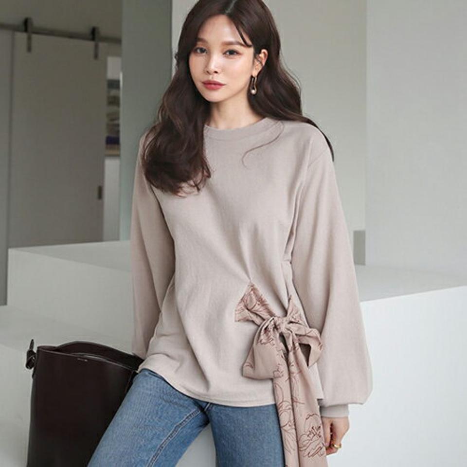 パターンリボンTシャツ・全2色・b66466 レディース 【tops】【トップス Tシャツ 長袖 リボン りぼん フェミニン 可愛い かわいい 秋 冬 韓国 ファッション】【ハイホリHIHOLLI】