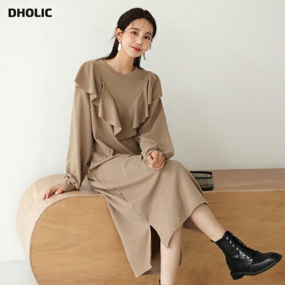 Vフリルワンピース・全3色・b62875 レディース 【ops】【韓国 ファッション ワンピース ロング ロングワンピース 長袖 ラウンドネック フリル ルーズ ゆったり 上品 体型カバー フェミニン 上品 ベーシック シンプル カジュアル 秋 冬】