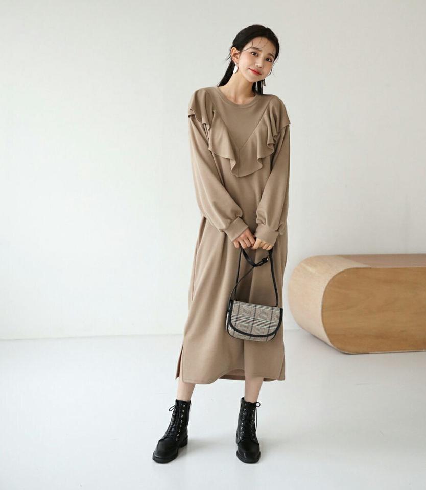 Vフリルワンピース・全3色・b62875 レディース 【ops】【韓国 ファッション ワンピース ロング ロングワンピース 長袖 ラウンドネック フリル ルーズ ゆったり 上品 体型カバー フェミニン 上品 ベーシック シンプル カジュアル 秋 冬】