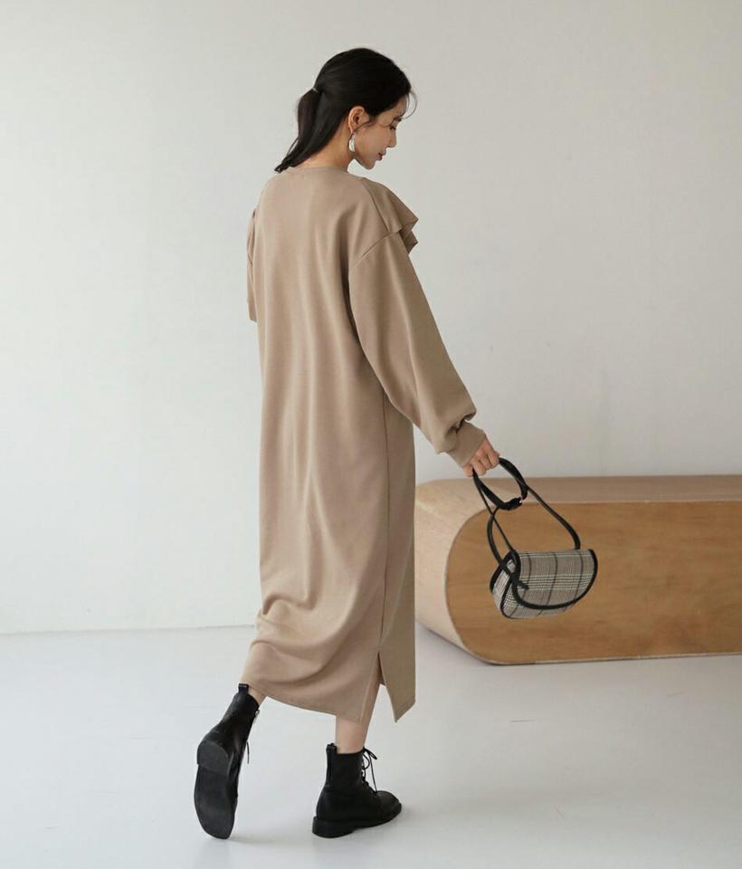 Vフリルワンピース・全3色・b62875 レディース 【ops】【韓国 ファッション ワンピース ロング ロングワンピース 長袖 ラウンドネック フリル ルーズ ゆったり 上品 体型カバー フェミニン 上品 ベーシック シンプル カジュアル 秋 冬】