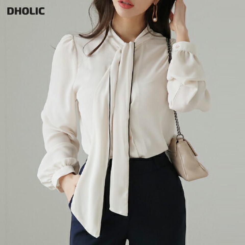 パイピングリボンブラウス・全3色・t66534 レディース 【bl】トップス ブラウス 長袖 シフォン シフォンブラウス リボン りぼん パイピング モダン シック 大人 きれいめ ボウタイ デコラティブ オケージョン 秋 冬 韓国ファッション ハイホリHIHOLLI